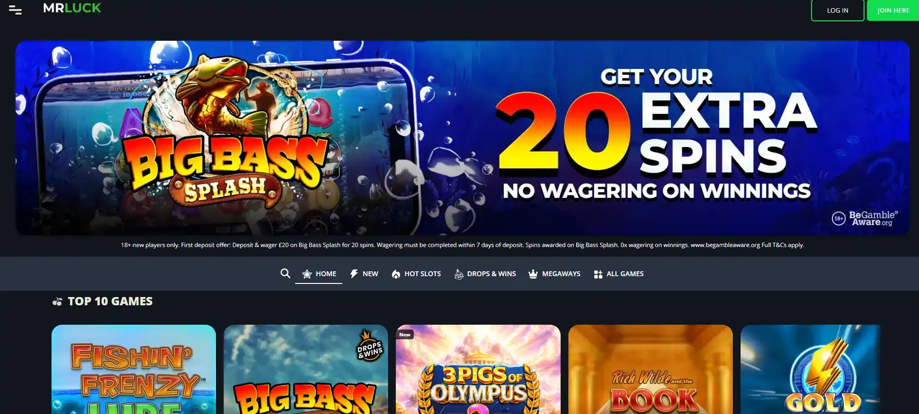 Current Mr Luck homepage header and navigation